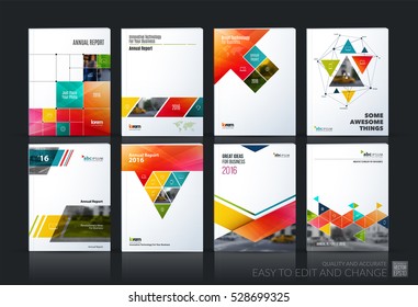 Business vector set. Brochure template layout, cover design annual report, magazine, flyer in A4 with colourful geometric shapes, squares, triangles, arrows for IT, business, building. Abstract