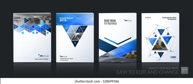 Business vector set. Brochure template layout, cover design annual report, magazine, flyer in A4 with blue geometric shapes, squares, triangles, arrows for IT, business, building. Abstract