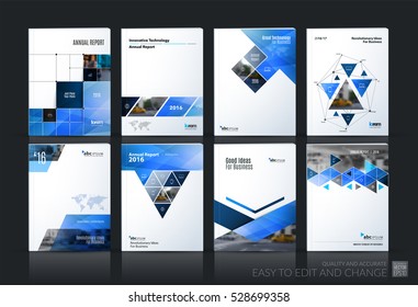 Business vector set. Brochure template layout, cover design annual report, magazine, flyer in A4 with blue geometric shapes, squares, triangles, arrows for IT, business, building. Abstract