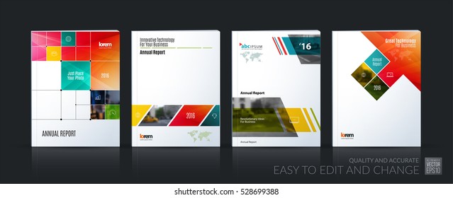 Business vector set. Brochure template layout, cover design annual report, magazine, flyer in A4 with colourful rectangular diagonal shapes, squares, arrows for IT, business, building. Abstract.