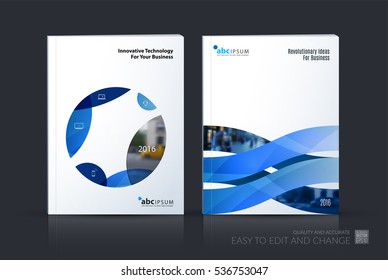 Business vector set. Brochure template layout, cover design annual report, magazine, flyer in A4 with blue circle, soft shapes, parts for IT, business, beauty. Abstract art.
