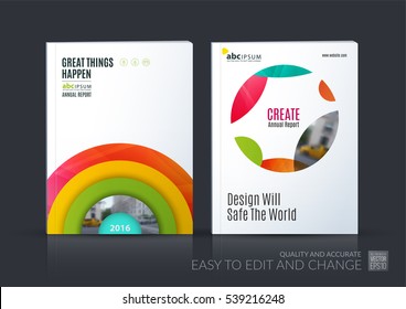 Business vector set. Brochure template layout, cover design annual report, magazine, flyer in A4 with colourful half target, rainbow, circles, rounds for IT, business, beauty. Abstract art.