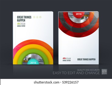 Business vector set. Brochure template layout, cover design annual report, magazine, flyer in A4 with red half target, rainbow, circles, rounds for IT, business, beauty. Abstract art.