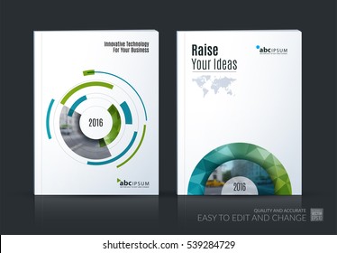 Business Vector Set. Brochure Template Layout, Cover Design Annual Report, Magazine, Flyer In A4 With Green Particles, Circles, Segments Of Rounds For IT, Business, Strategy, Finance. Abstract Art.