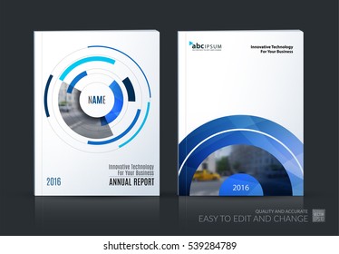 Business vector set. Brochure template layout, cover design annual report, magazine, flyer in A4 with particles, circles, segments of rounds for IT, business, strategy, finance. Abstract art.