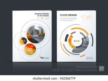 Business vector set. Brochure template layout, cover design annual report, magazine, flyer in A4 with yellow rounds, circles, soft lines for IT, business, technology. Abstract art.