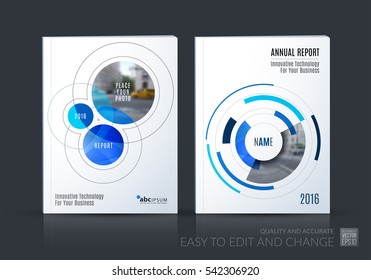 Business vector set. Brochure template layout, cover design annual report, magazine, flyer in A4 with blue rounds, circles, soft lines for IT, business, technology. Abstract art.