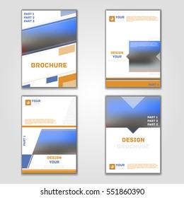 Business vector set. Brochure template layout, cover design annual report, magazine, flyer in A4 with yellow blue flying triangles, square, circles, flower, polygons for science, teamwork. Abstract.