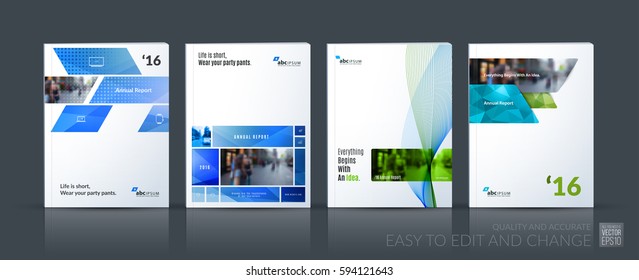 Business vector set. Brochure template layout, cover design annual report, flyer in A4 with blue geometric shapes for PR, business, tech on bright background. Abstract creative design.