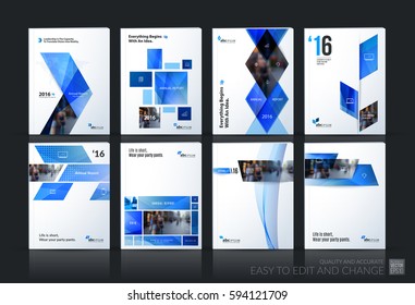 Business vector set. Brochure template layout, cover design annual report, flyer in A4 with blue geometric shapes for PR, business, tech on bright background. Abstract creative design.