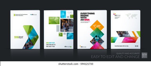 Business vector set. Brochure template layout, cover design annual report, flyer in A4 with colourful geometric shapes for PR, business, tech on bright background. Abstract creative design.