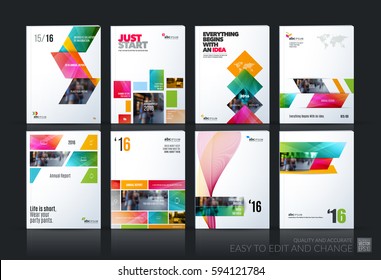 Business vector set. Brochure template layout, cover design annual report, flyer in A4 with colourful geometric shapes for PR, business, tech on bright background. Abstract creative design.