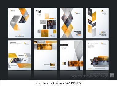 Business Vector Set. Brochure Template Layout, Cover Design Annual Report, Flyer In A4 With Yellow Geometric Shapes For PR, Business, Tech On Bright Background. Abstract Creative Design.