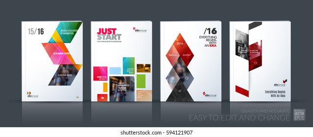 Business vector set. Brochure template layout, cover design annual report, flyer in A4 with colourful geometric shapes for PR, business, tech on bright background. Abstract creative design.