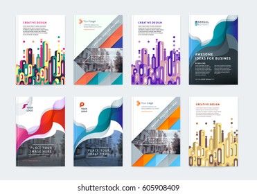 Business vector set. Brochure template layout, cover design annual report, flyer in A4 with colourful geometric shapes for PR, business, tech on bright background. Abstract creative design.