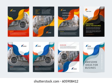 Business vector set. Brochure template layout, cover design annual report, flyer in A4 with colourful geometric shapes for PR, business, tech on bright background. Abstract creative design.