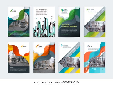 Business vector set. Brochure template layout, cover design annual report, flyer in A4 with colourful geometric shapes for PR, business, tech on bright background. Abstract creative design.