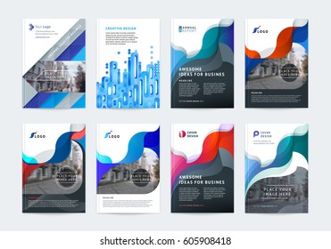 Business vector set. Brochure template layout, cover design annual report, flyer in A4 with colourful geometric shapes for PR, business, tech on bright background. Abstract creative design.