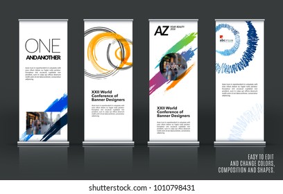 Business vector set of modern roll up banner stand design with colourful artistic stroke