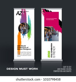 Business vector set of modern roll up banner stand design with colourful artistic stroke