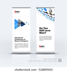 Business vector set of modern roll Up Banner stand design with flying triangles, circles, rounds, polygons for consulting, internet, IT, computers, networks. Brochure for exhibition, fair, show.