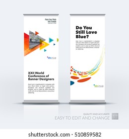 Business vector set of modern roll Up Banner stand design with flying triangles, circles, rounds, polygons for consulting, internet, IT, computers, networks. Brochure for exhibition, fair, show.
