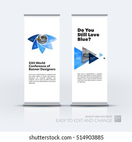 Business vector set of modern roll Up Banner stand design with geometric flower shapes, polygons for science, natural organic idea. Brochure for exhibition, fair, show.
