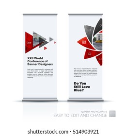 Business Vector Set Of Modern Roll Up Banner Stand Design With Geometric Flower Shapes, Polygons For Science, Natural Organic Idea. Brochure For Exhibition, Fair, Show.