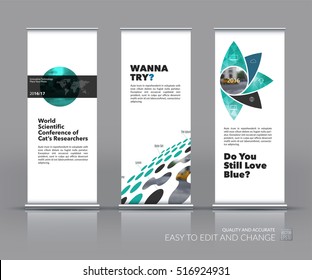 Business Vector Set Of Modern Roll Up Banner Stand Design With Turquoise Geometric Rounds, Circles, Flower Shape For Science, Travel, Finance. Brochure For Exhibition, Fair, Show.