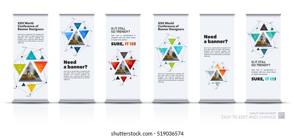 Business Vector Set Of Modern Roll Up Banner Stand Design With Geometric Shapes, Triangles, Polygons, Mesh For Science, Travel, Finance, Teamwork. Designs For Exhibition, Fair, Show.