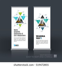 Business Vector Set Of Modern Roll Up Banner Stand Design With Geometric Shapes, Triangles, Polygons, Mesh For Science, Travel, Finance, Teamwork. Brochure For Exhibition, Fair, Show.