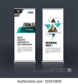 Business vector set of modern roll Up Banner stand design with triangular shapes, triangles, polygons, mesh for science, travel, network. Brochure for exhibition, fair, show.