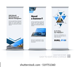 Business vector set of modern roll Up Banner stand design with blue triangles, arrows for business, finance, buildings, nature concept. Brochure for exhibition, fair, show. Abstract creative art.