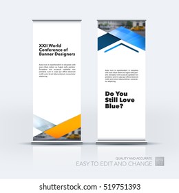 Business vector set of modern roll Up Banner stand design with blue triangles, arrows for business, finance, buildings, nature concept. Brochure for exhibition, fair, show. Abstract creative art.