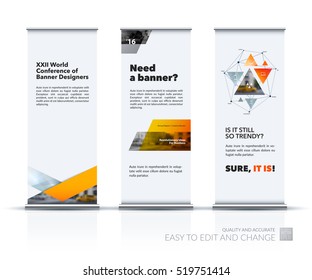 Business vector set of modern roll Up Banner stand design with yellow triangles, arrows for business, finance, buildings, nature concept. Brochure for exhibition, fair, show. Abstract creative art.