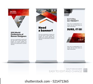 Business Vector Set Of Modern Roll Up Banner Stand Design With Triangles, Arrows For Business, Finance, Buildings, Nature Concept. Brochure For Exhibition, Fair, Show. Abstract Creative Art.