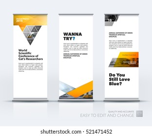 Business vector set of modern roll Up Banner stand design with triangles, arrows for business, finance, buildings, nature concept. Brochure for exhibition, fair, show. Abstract creative art.