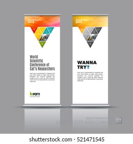 Business vector set of modern roll Up Banner stand design with triangles, arrows for business, finance, buildings, nature concept. Brochure for exhibition, fair, show. Abstract creative art.