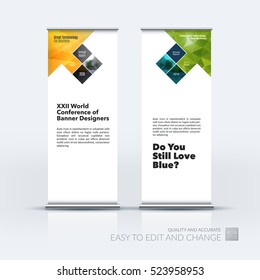 Business vector set of modern roll Up Banner stand design with arrow, rectangles, squares, diagonal house window for real estate, business, building. Exhibition, fair, show. Abstract creative art.