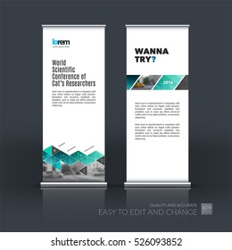 Business vector set of modern roll Up Banner stand design triangles, arrows for business, buildings, nature on bright background. Exhibition, fair, show. Abstract creative art.