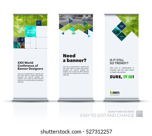 Conjunto de vector de negocio de diseño moderno de banner de rollo con flechas verdes, triángulos, cuadrados, líneas, redondeos para TI, negocios, construcción. Exposición, feria, espectáculo. Arte creativo abstracto.
