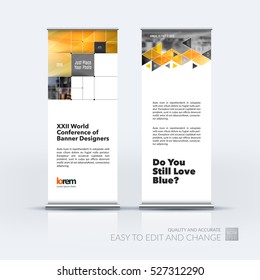 Business vector set of modern roll Up Banner stand design with yellow rectangular shapes, triangles, squares, lines, rounds for IT, business, building. Exhibition, fair, show. Abstract creative art.