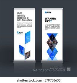 Business vector set of modern roll Up Banner stand design template with blue abstract plant for business, industry, eco for exhibition, show, exposition, expo, presentation, parade, events.