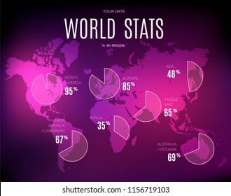 Business vector slide design with world map and regions pie charts. Editable template for financial reports, scientific presentation or statistic analysis demonstration.