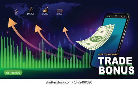 Business vector for stock exchange
 by using a smart phone or website to trade and online marketing background