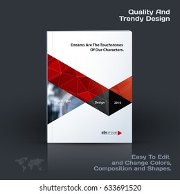  Plantilla de vector de negocio. Diseño de folleto, diseño moderno de portada, informe anual, afiche, volante en A4 con triángulos rojos, líneas, círculos, formas para la tecnología, mercado con fondo abstracto de textura.