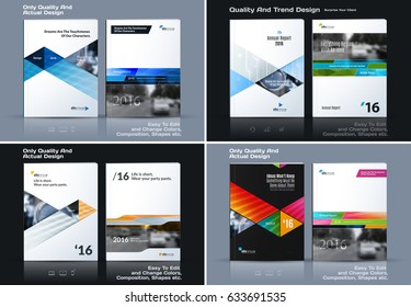 Business vector template. Brochure design, cover modern layout, annual report, poster, flyer in A4 with colourful triangles, circles, shapes for tech, market with texture abstract background. Set