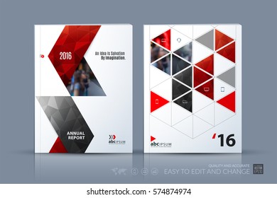 Business vector template. Brochure layout, cover modern design annual report, magazine, flyer in A4 with red geometric shapes, arrows, triangles for business with abstract texture background.