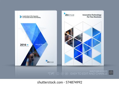 Business vector template. Brochure layout, cover modern design annual report, magazine, flyer in A4 with blue geometric shapes, arrows, triangles for business with abstract texture background.