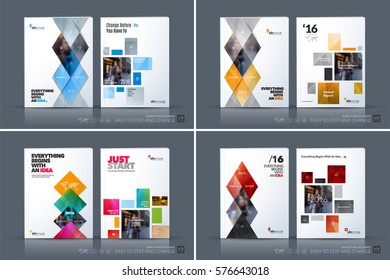 Plantilla de Vector de negocios. Diseño de folleto, informe anual de diseño moderno de portada, revista, volante en A4 con Formas geométricas coloridas, triángulos, rombo para negocios con fondo de textura abstracta.